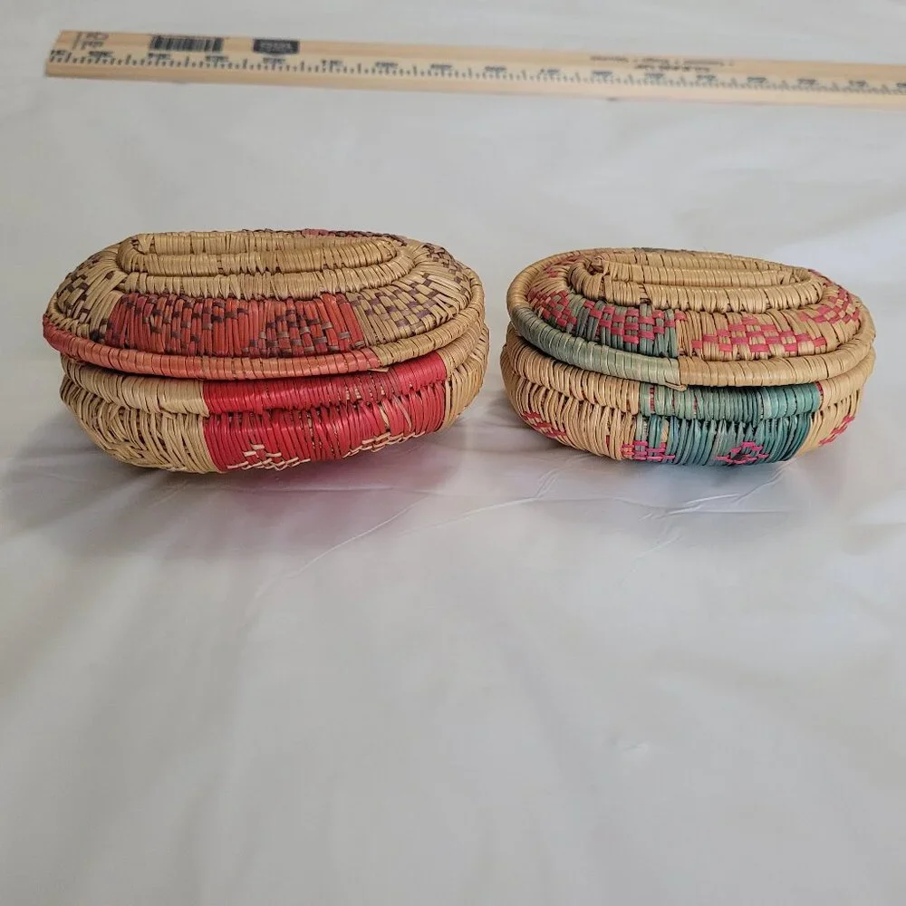 Jewlery Trinket Baskets 2 Small Woven Vintage Handmade
